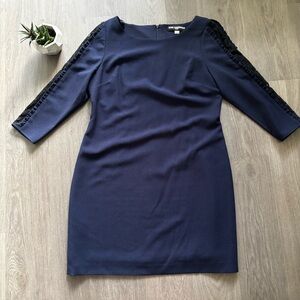 Karl Largerfeld Navy Blue 3/4 Sleeve Midi Dress with Black Lace Arm Detailing